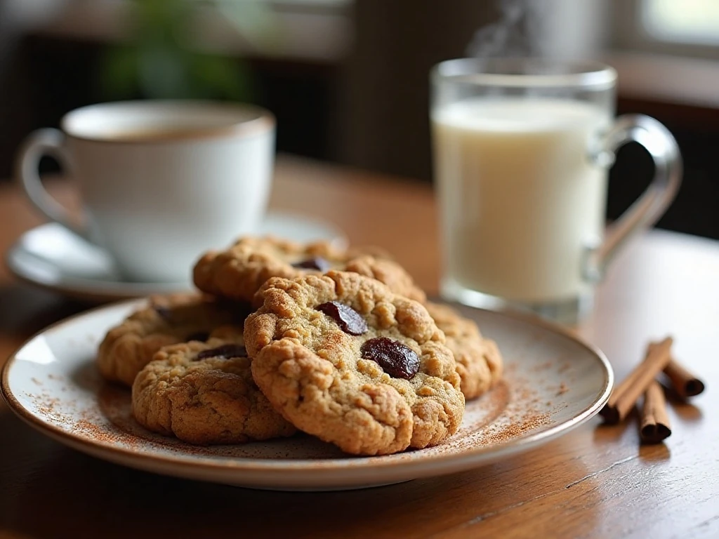 Spicy oatmeal raisin cookies served with milk and coffee