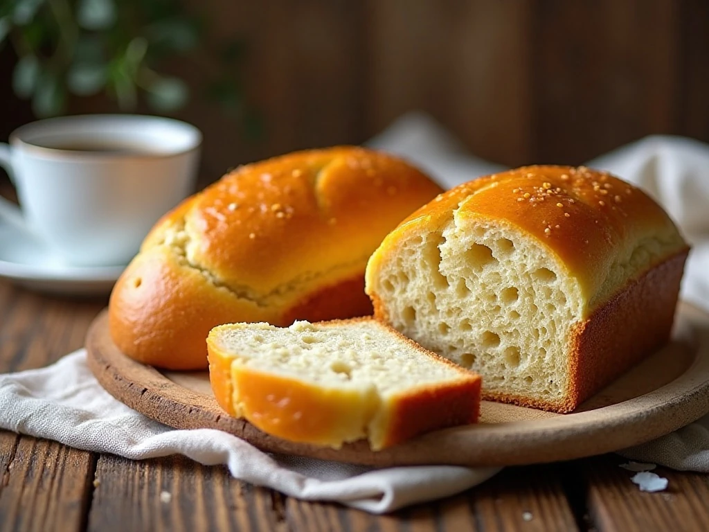 Two moist glazed poppy seed bread loaves sliced for serving