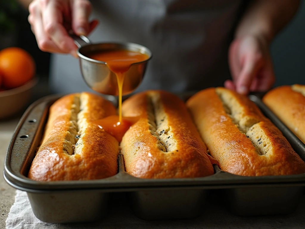 Orange almond glaze soaking into warm poppy seed bread