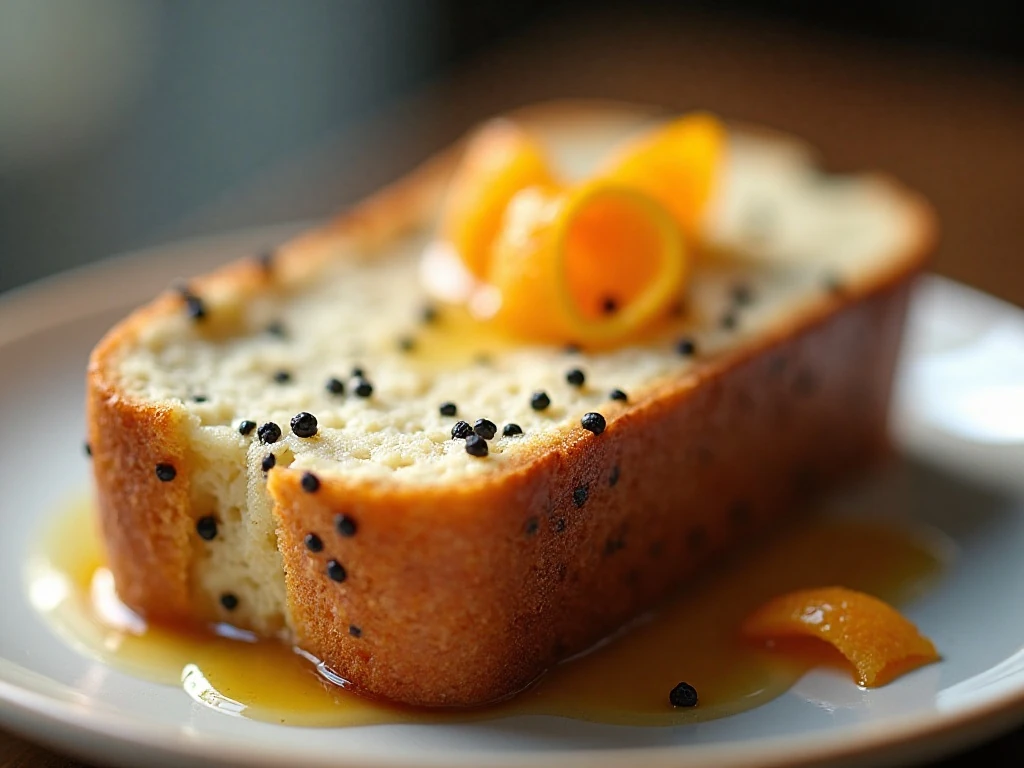 Close-up slice of orange glazed poppy seed bread with poppy seeds