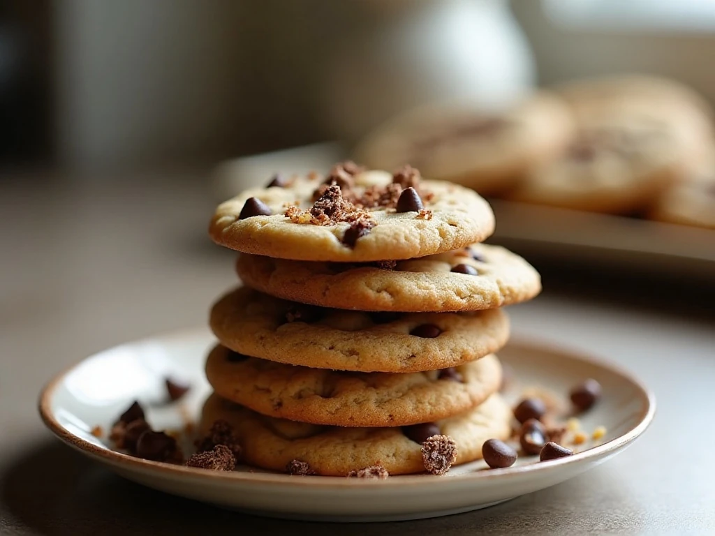 Stack of chewy Neiman Marcus cookies with chocolate chips and nuts