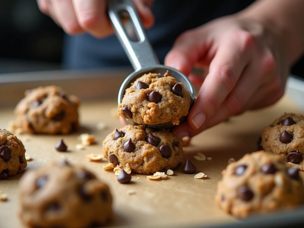 Portioning Neiman Marcus cookie dough onto a baking sheet