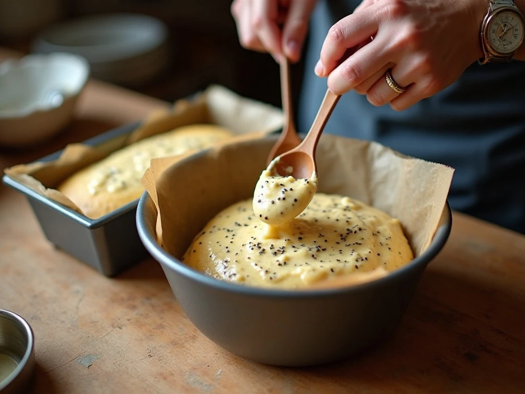 Mixing poppy seed bread batter before baking
