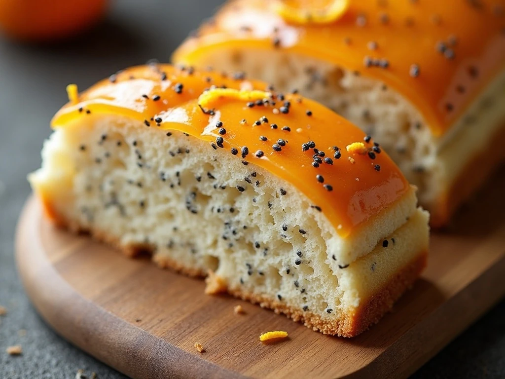 Close-up of moist poppy seed bread crumb and glaze