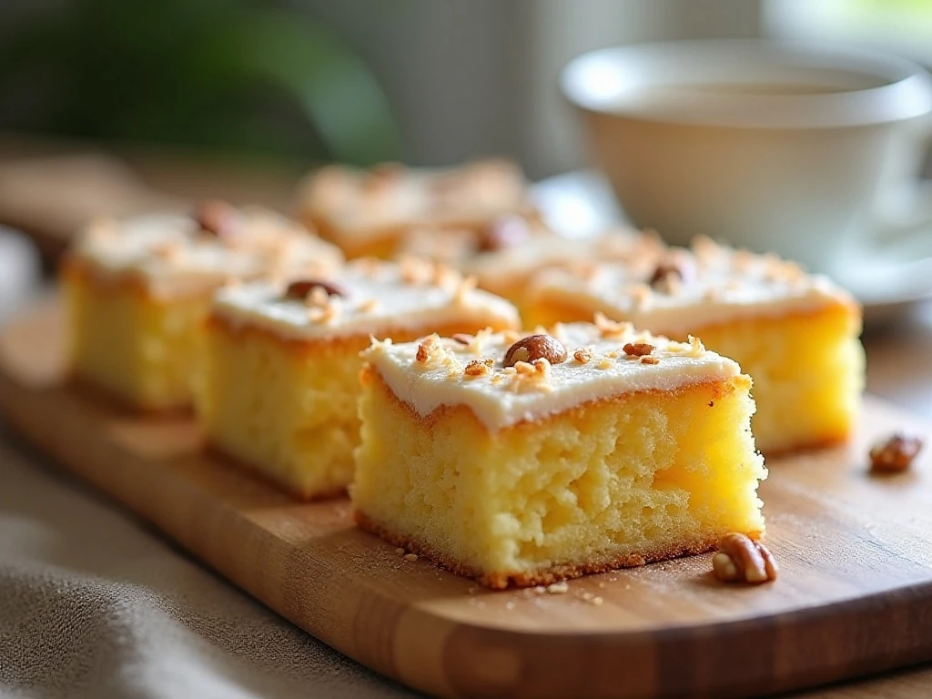 Slices of moist original pineapple cake with glossy frosting