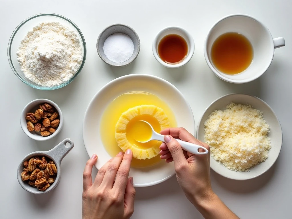 Ingredients for one-bowl pineapple cake and warm frosting