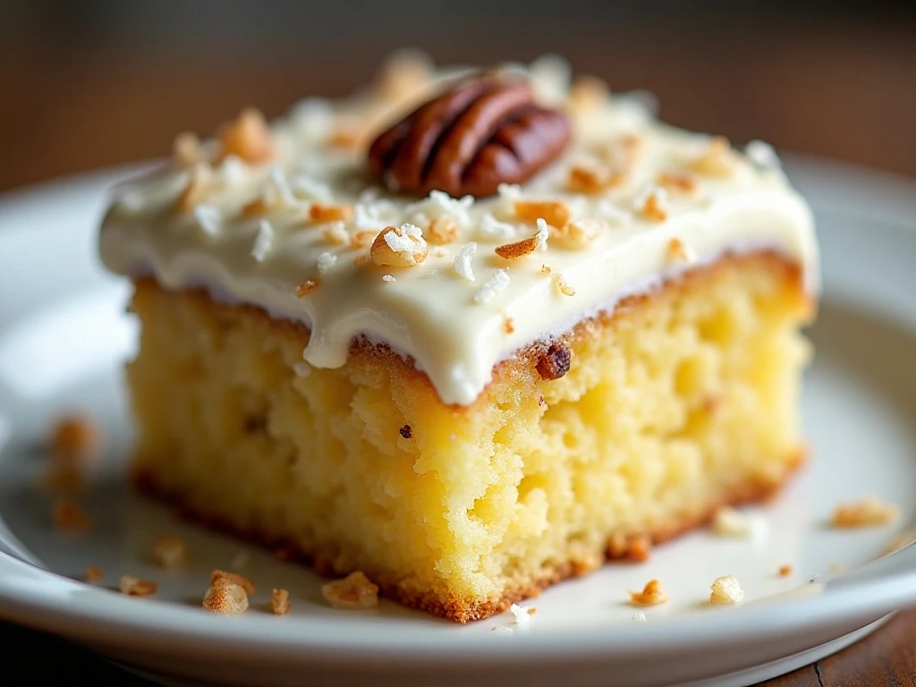 Close-up of pineapple cake crumb with coconut and pecan topping