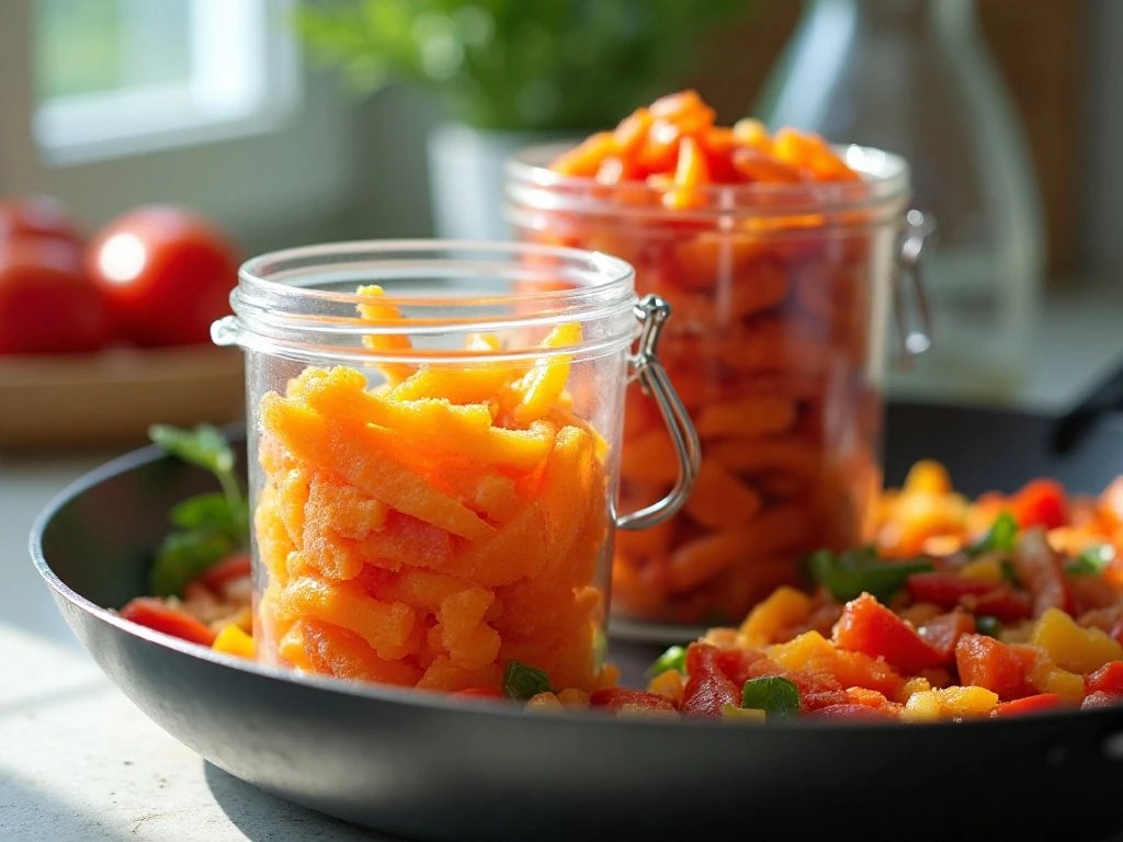 Frozen colorful peppers ready for convenient cooking