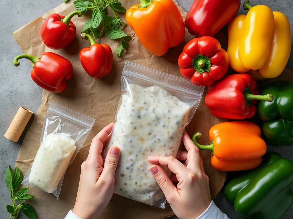 Fresh peppers and supplies for freezing peppers