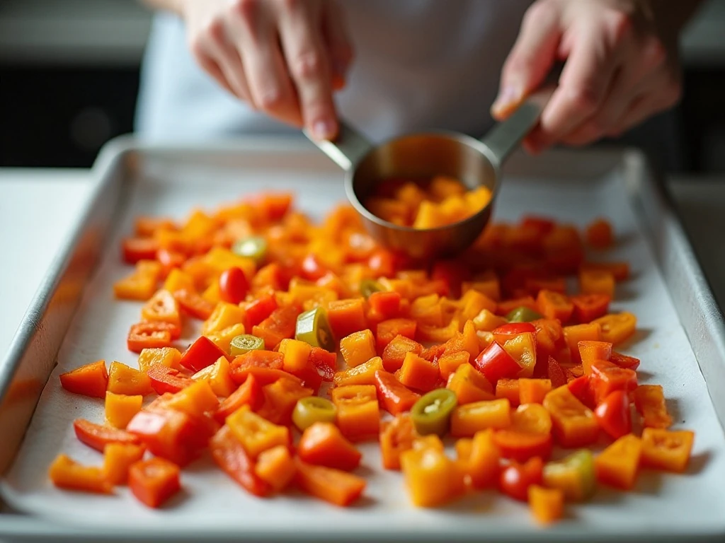 Pepper pieces arranged on a lined baking sheet before freezing