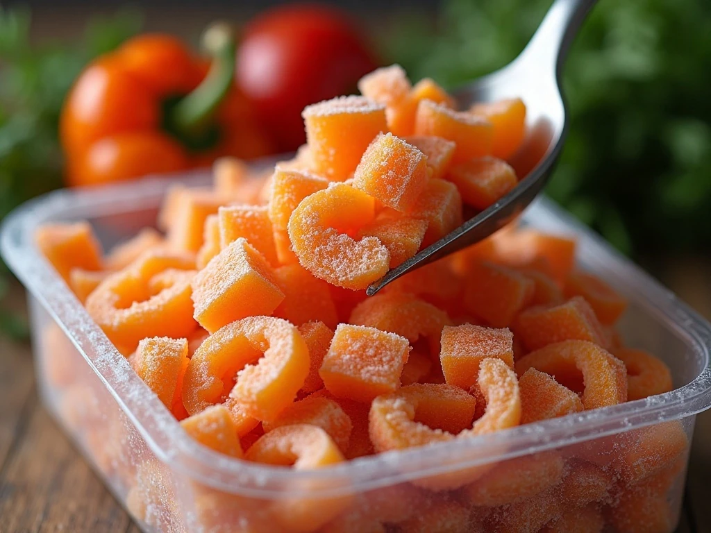 Labeled frozen peppers stored in an airtight container