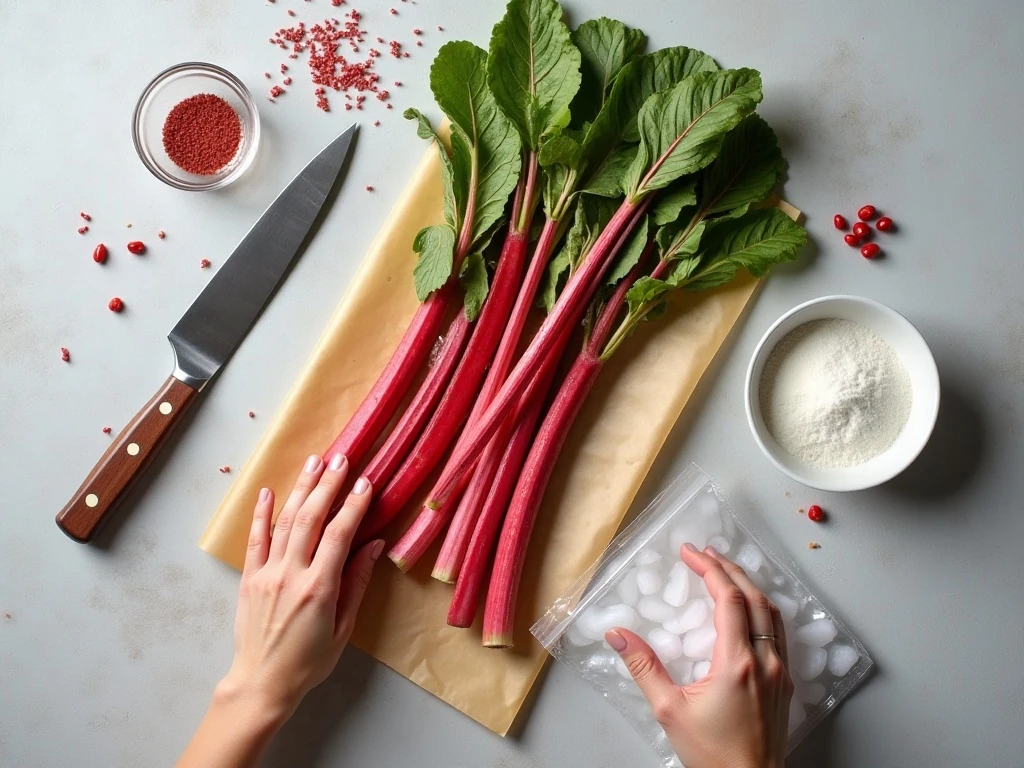Ingredients and supplies for freezing rhubarb