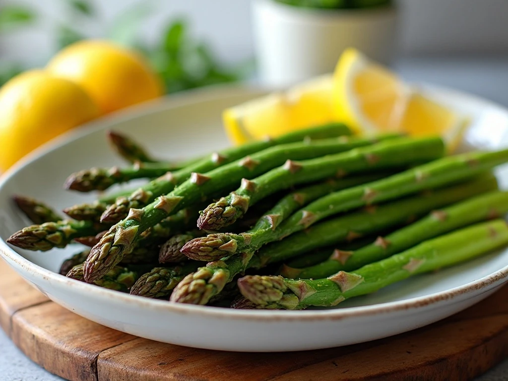 Perfect roasted asparagus with lemon wedges on a serving platter