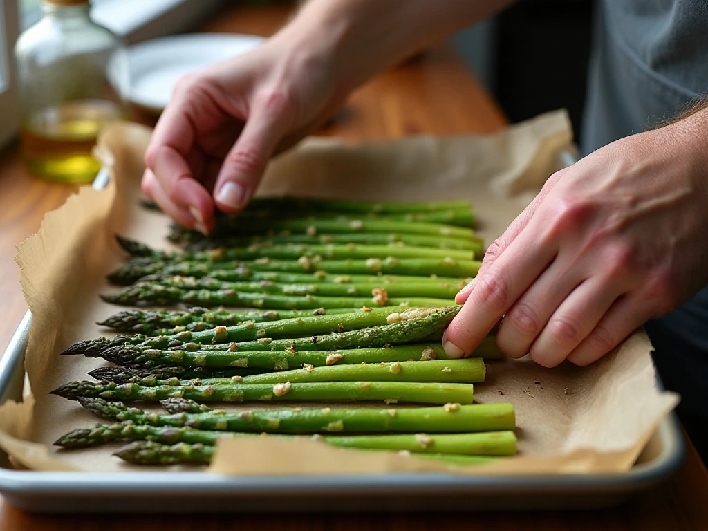 Seasoned asparagus arranged on a baking sheet before roasting