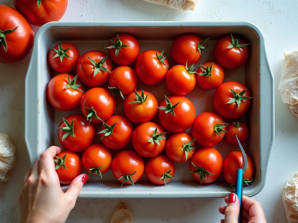 Ripe tomatoes and freezer supplies for freezing tomatoes whole