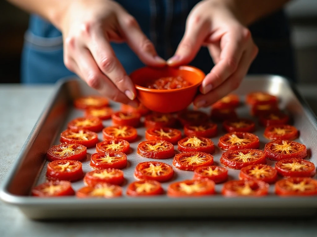 Tomatoes arranged in a single layer on a baking tray