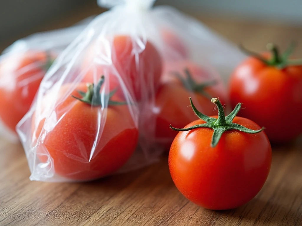 Labeled freezer bags holding whole frozen tomatoes
