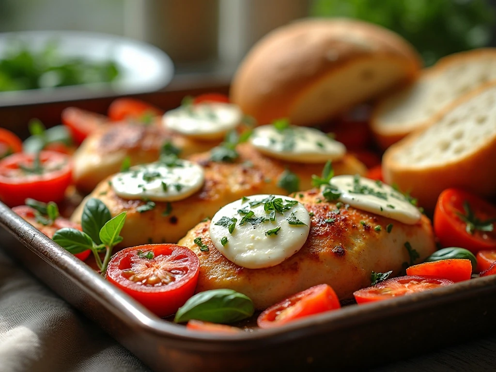 Sheet pan chicken with tomatoes and mozzarella served family style