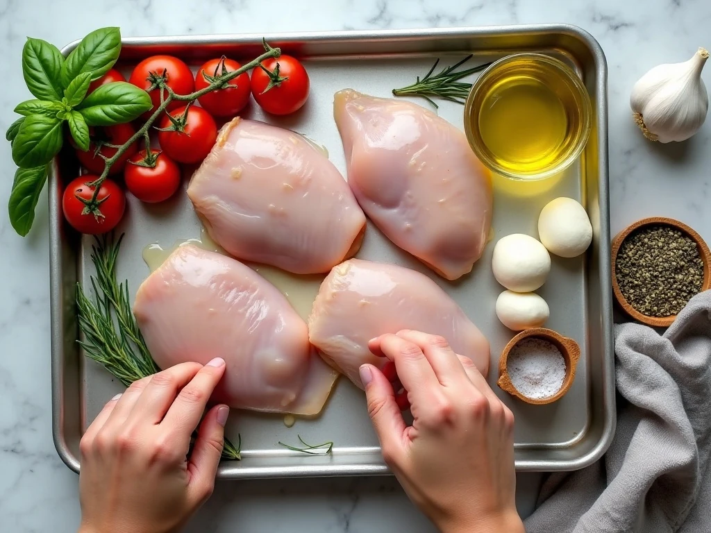 Ingredients for sheet pan chicken with tomatoes and mozzarella