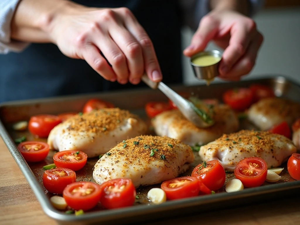 Chicken and tomatoes arranged on a sheet pan before roasting