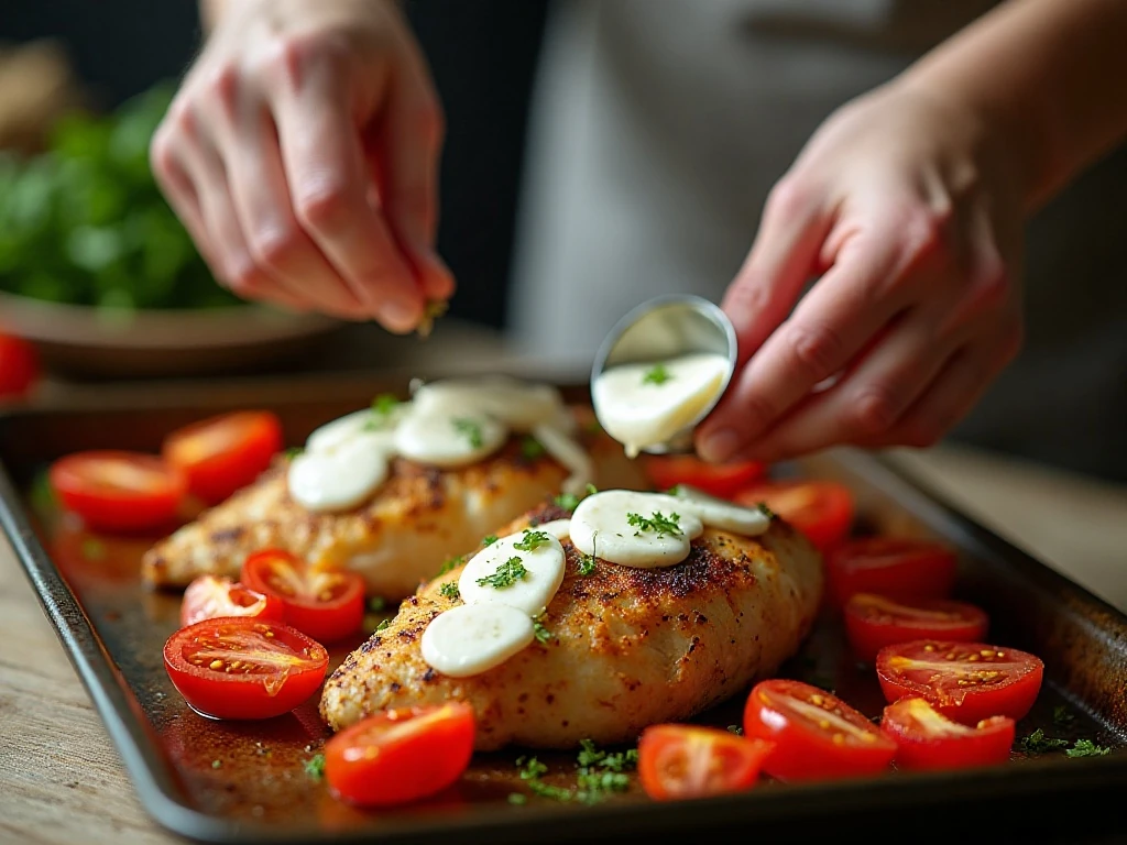 Mozzarella added to roasted chicken and tomatoes