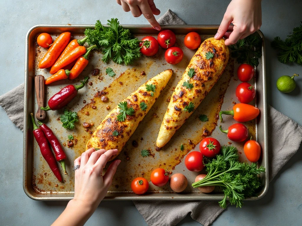 Summer sheet-pan dinner ingredients arranged on a counter