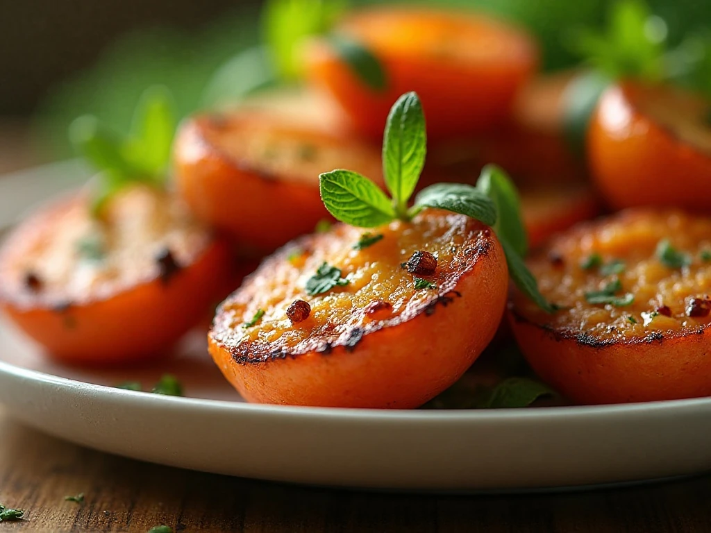 Close-up of browned sheet-pan dinner ingredients with fresh garnish