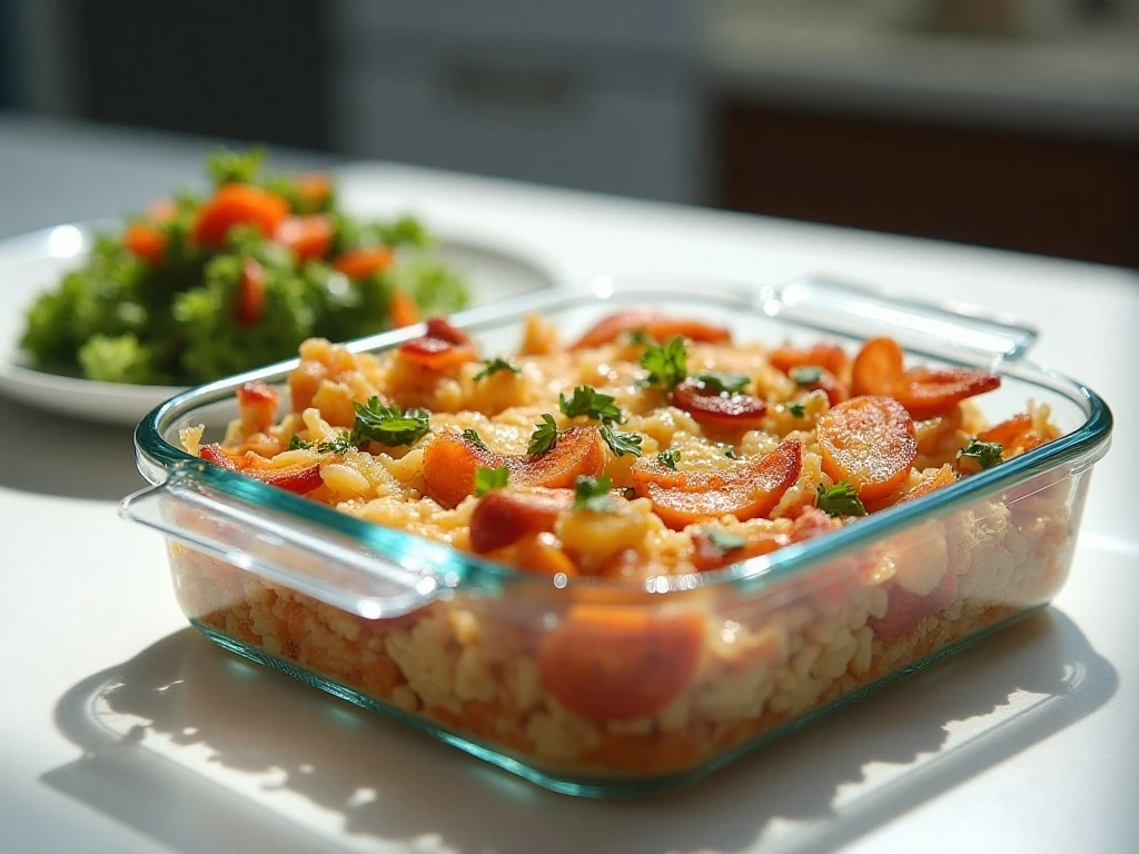 Stored and reheated sheet-pan dinner portions