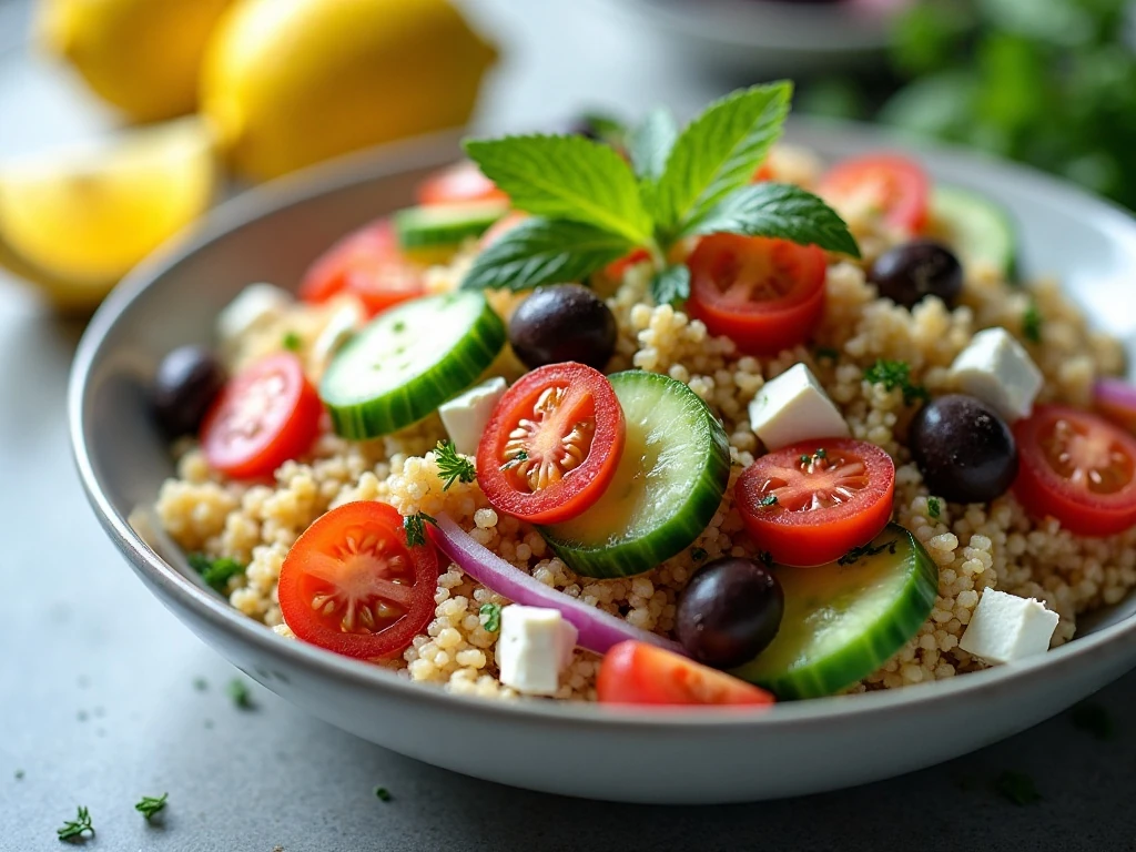 Colorful Mediterranean quinoa salad served in a white bowl