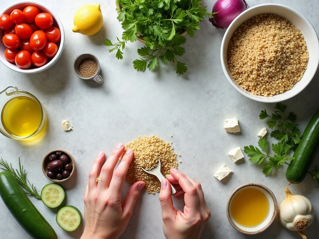 Ingredients for Mediterranean quinoa salad and lemon dressing