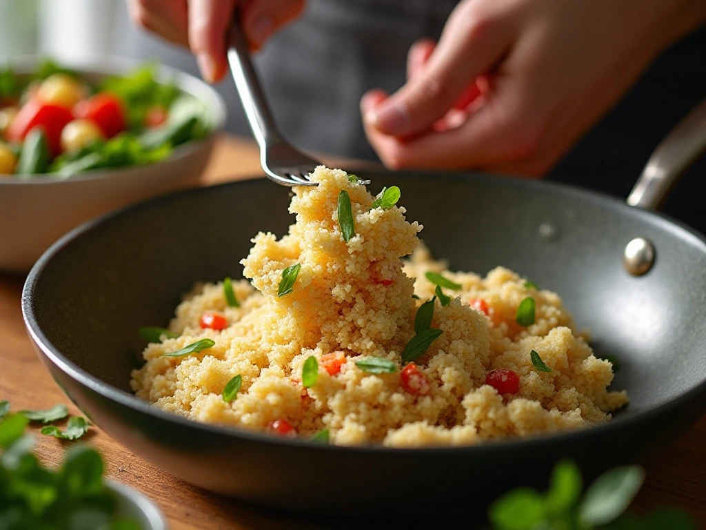 Fluffing cooked quinoa before assembling the salad