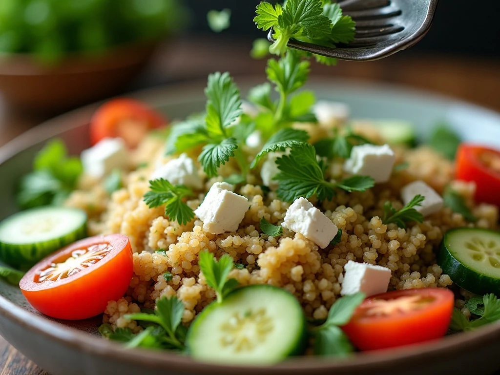 Fresh herbs and feta garnishing quinoa salad