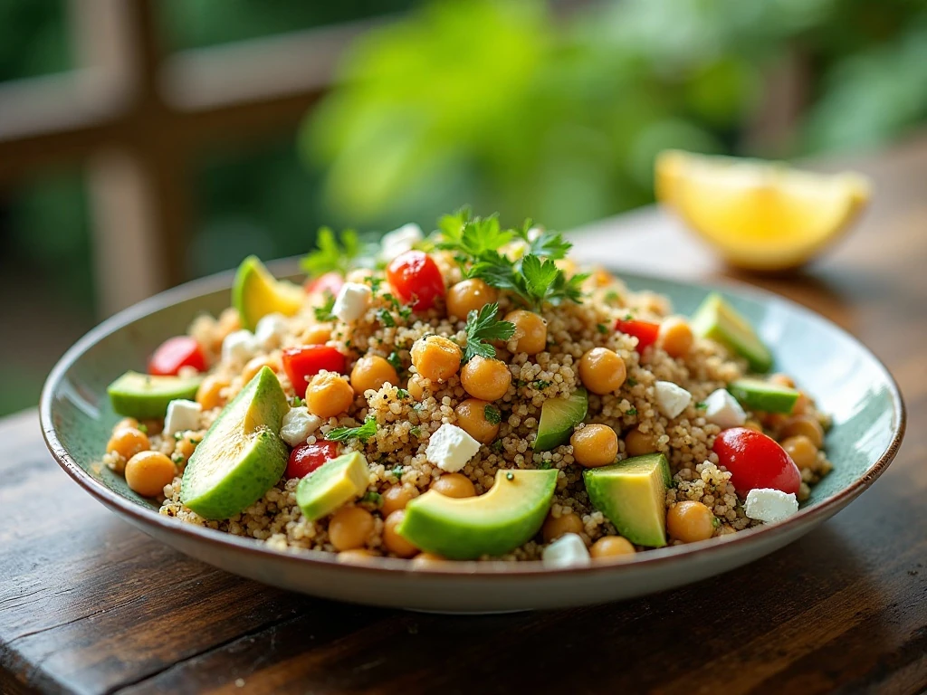 Quinoa salad variation served with chickpeas and avocado