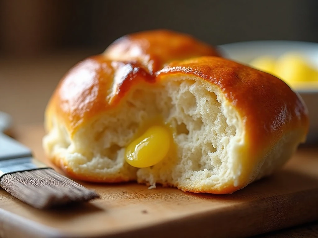 Buttery golden top and fluffy interior of a homemade dinner roll