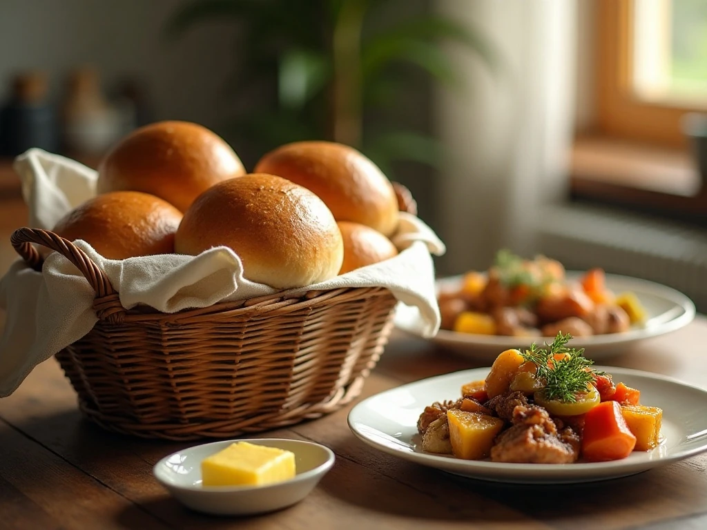 Warm dinner rolls served with butter alongside a family meal
