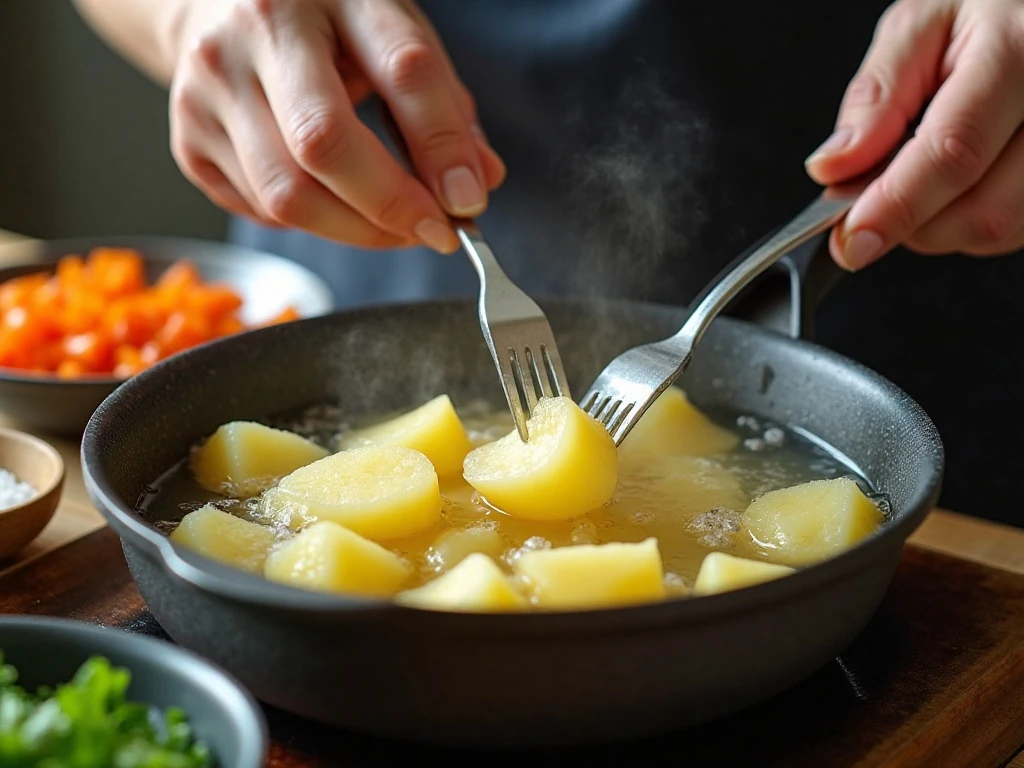 Testing potatoes for tenderness during potato salad preparation