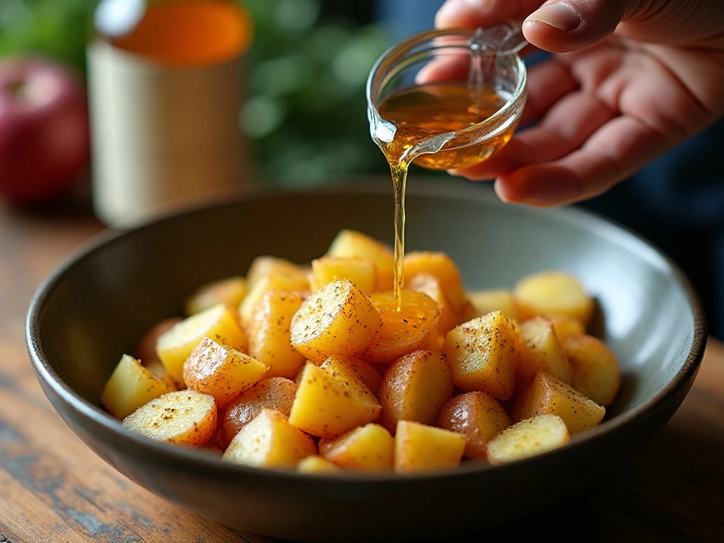 Warm potatoes being seasoned with apple-cider vinegar