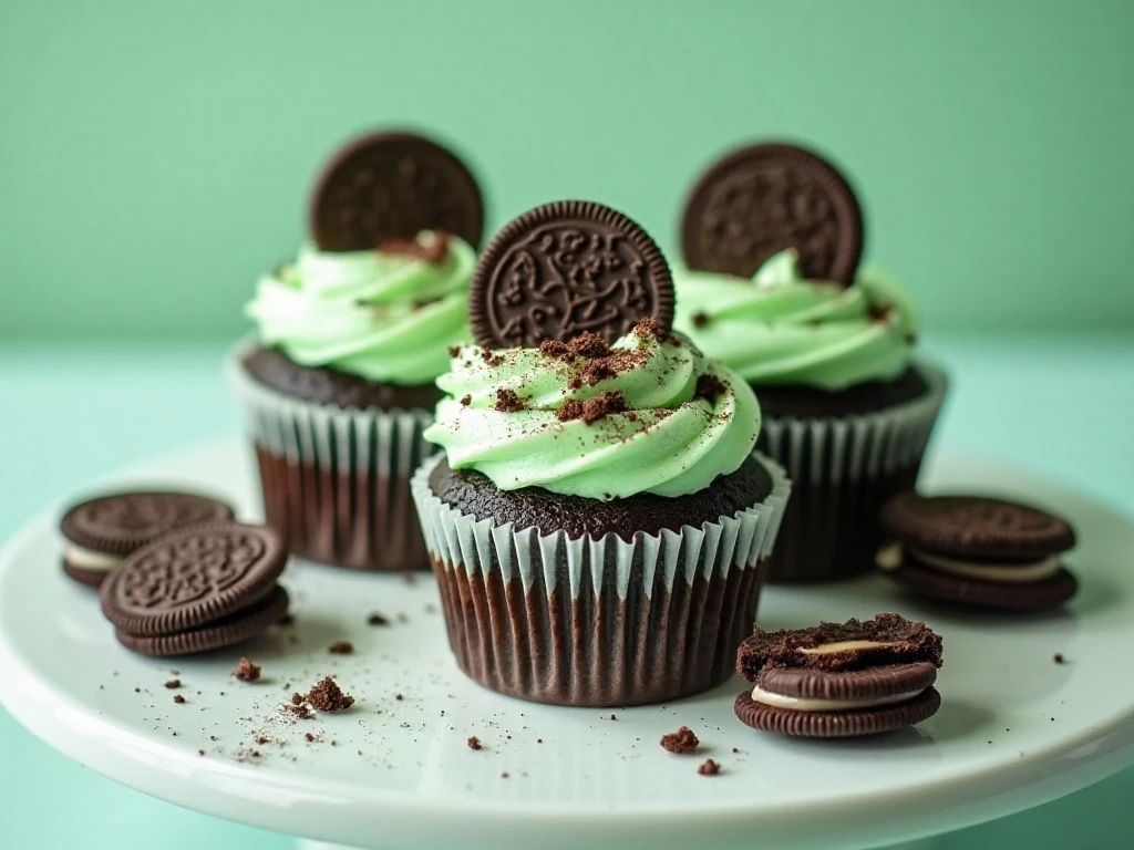 Finished Thin Mint cupcakes with peppermint frosting and cookie toppings