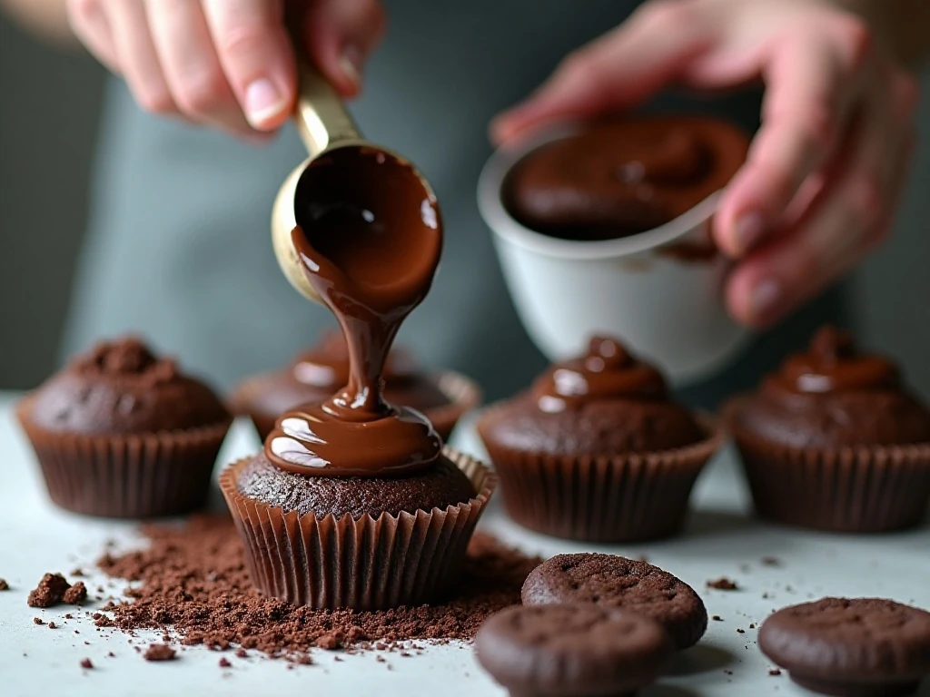 Chocolate cupcake batter layered over crushed Thin Mint cookies