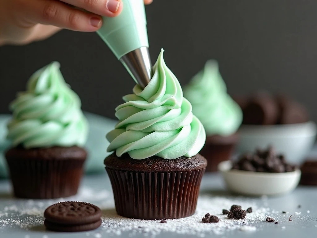 Peppermint buttercream being piped onto a Thin Mint cupcake