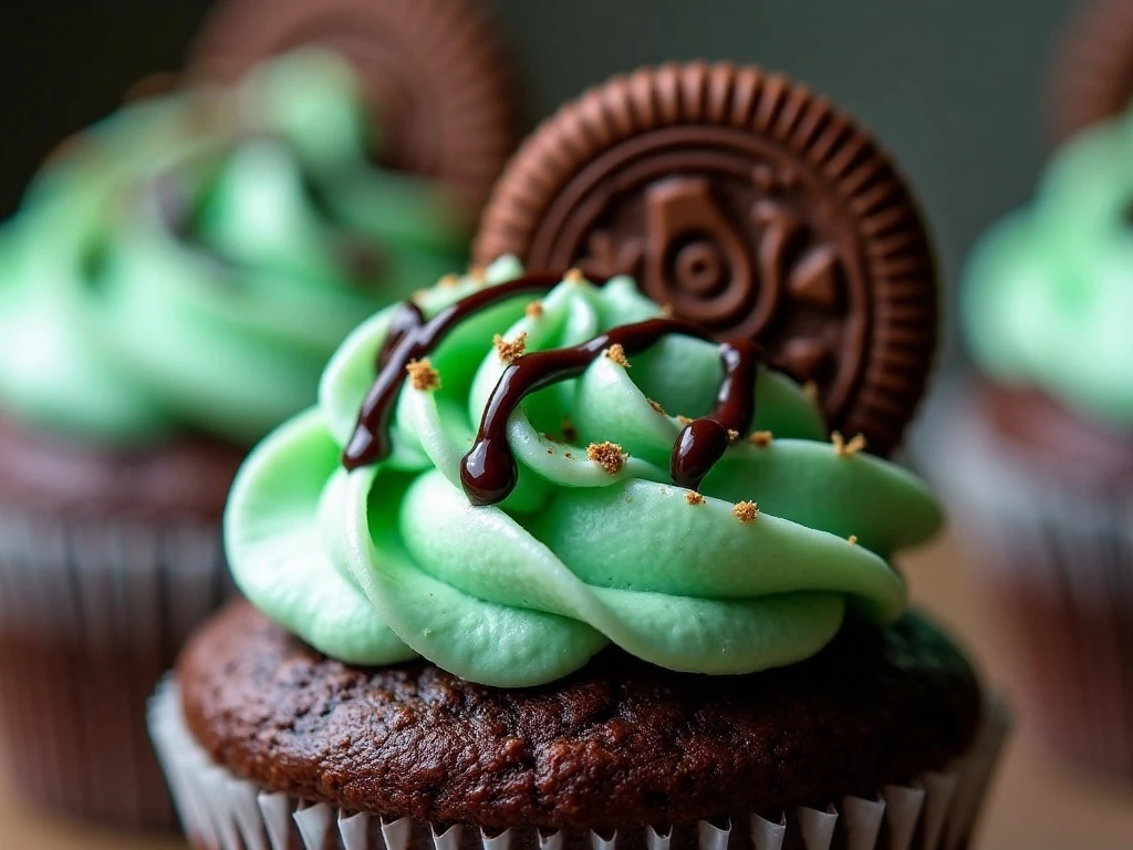 Thin Mint cupcake decorated with cookie crumbs, a halved cookie, and chocolate drizzle