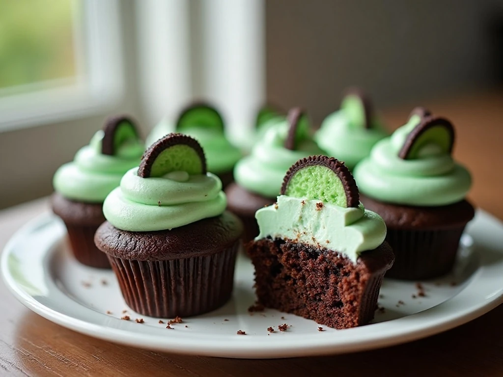 Stored Thin Mint cupcakes showing moist chocolate centers and cookie layers