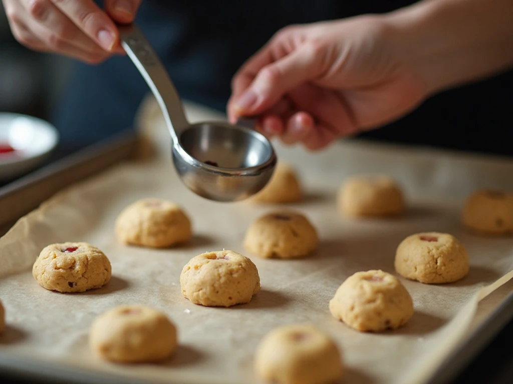 Making indentations in thumbprint cookie dough before adding jam