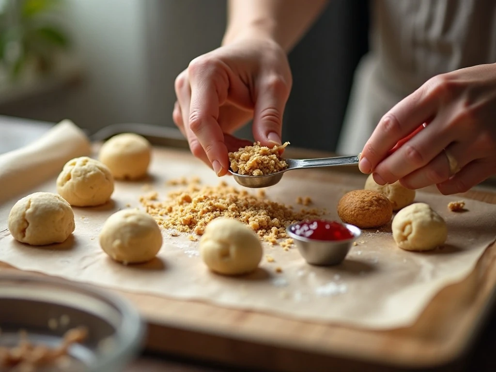 Tools and ingredients for evenly shaped thumbprint cookies