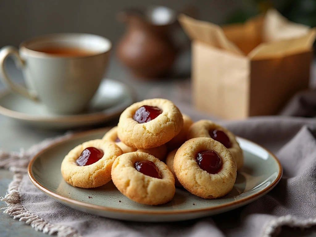 Jam thumbprint cookies served with tea