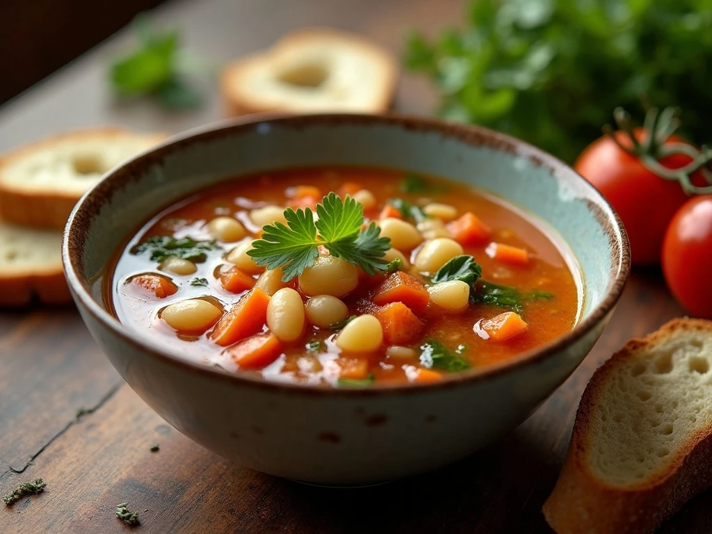 Colorful bowl of budget-friendly refrigerator soup with vegetables, beans, pasta, and greens