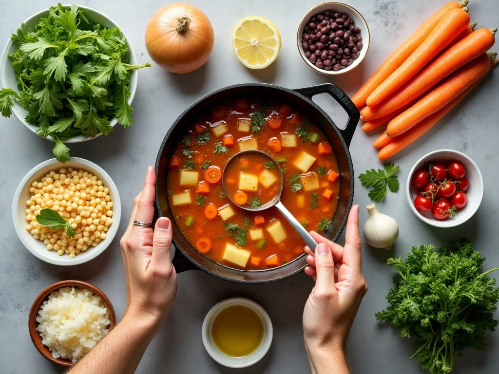 Ingredients for tip the refrigerator soup arranged in a flat lay