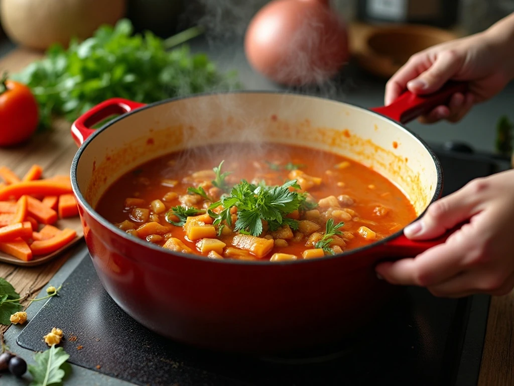 Dutch oven of refrigerator soup simmering with vegetables and beans