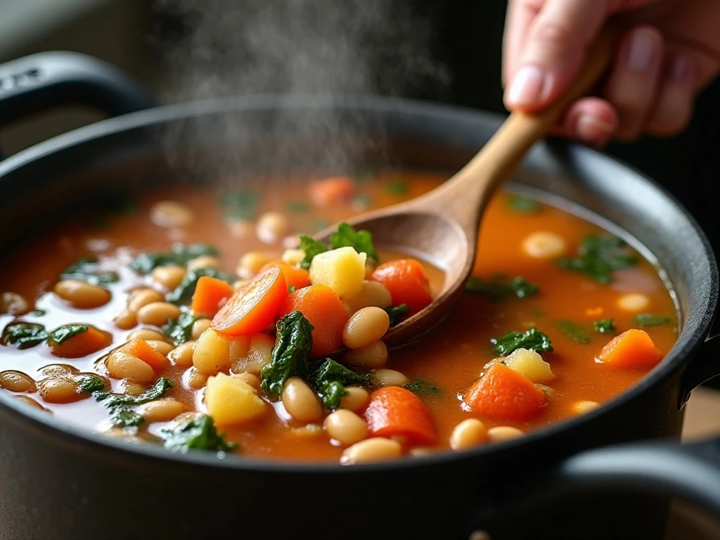 Rustic vegetable and bean soup being stirred in a large pot