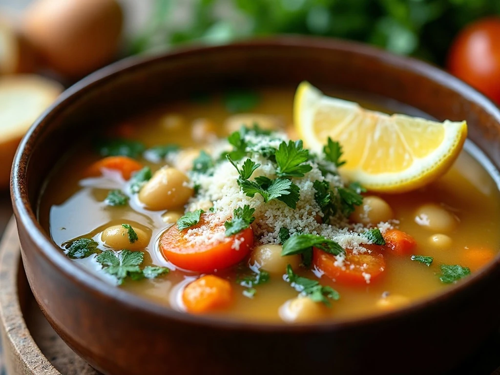 Reheated refrigerator soup finished with Parmesan, herbs, and lemon